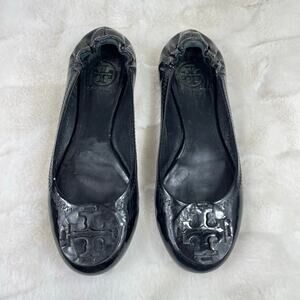 🔥Tory Burch Reva Ballet Flats Black Patent Leather Shoes Logo Women Size 6